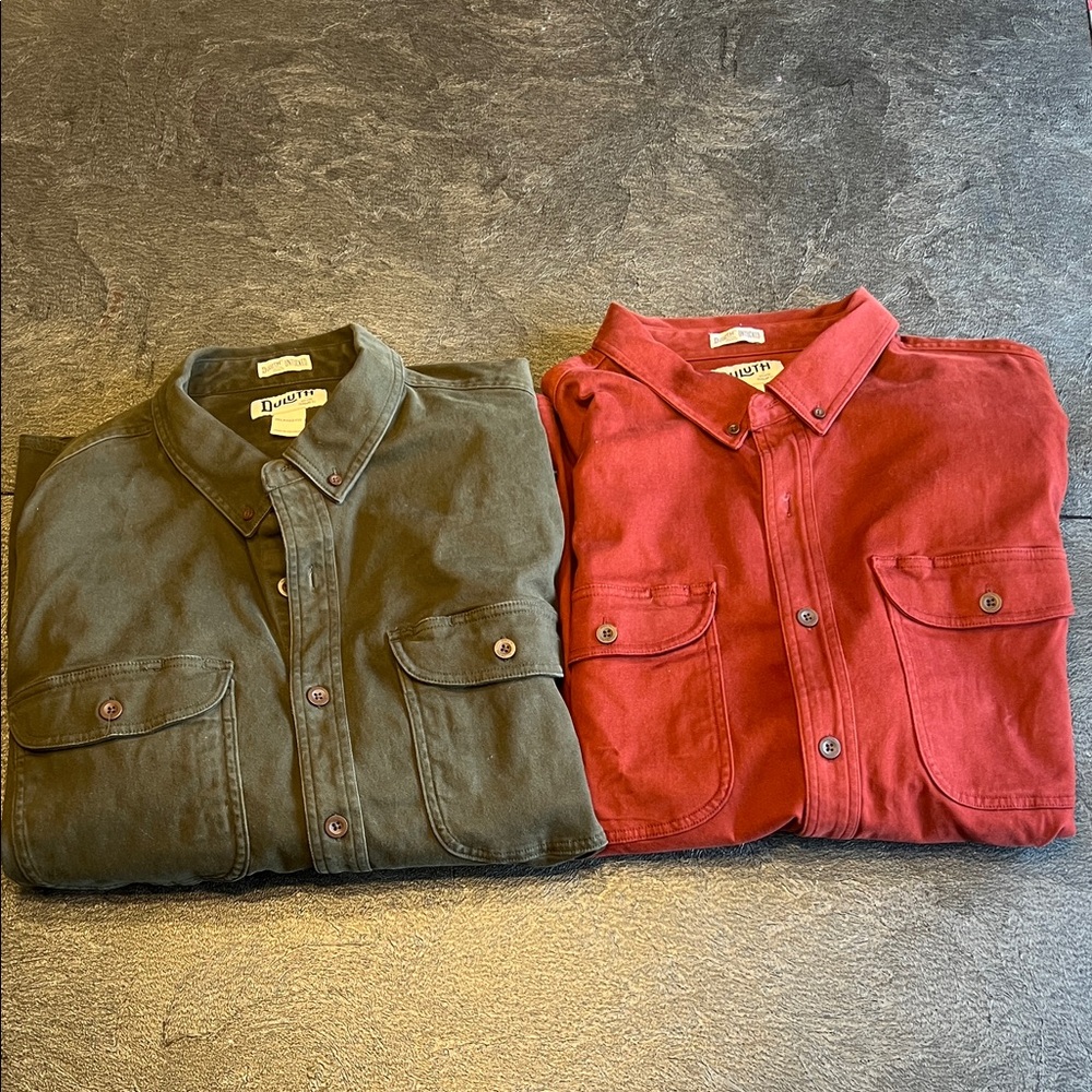 2 Duluth Trading Co Olive and Burnt Orange Relaxed Fit Shirt